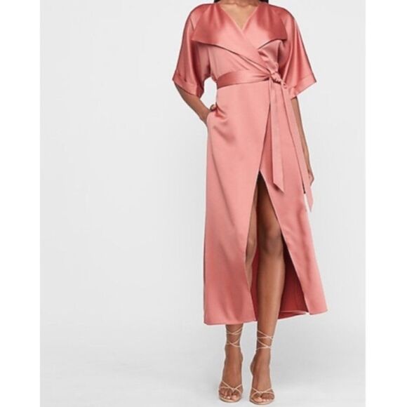 Express Satin Wrap Midi Dress in Rose Pink - Picture 5 of 11